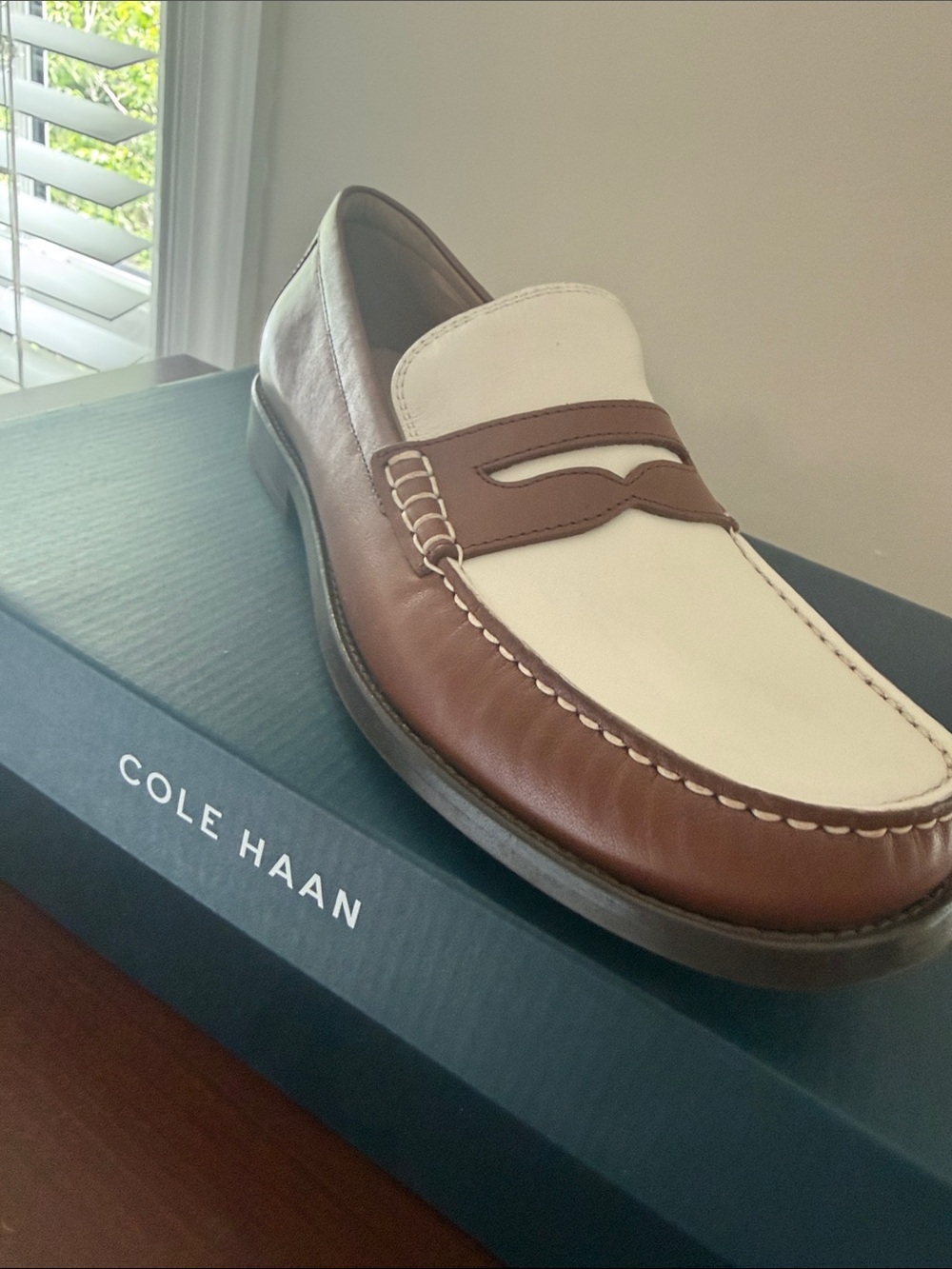 Cole Haan Brown and Cream Leather Penny Loafers